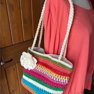 Colorful Striped Crochet Bag with Flower Accent